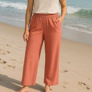 Hilary Radley Women's Medium Lightweight Wide Leg Pants Coral Pink Elastic Waist